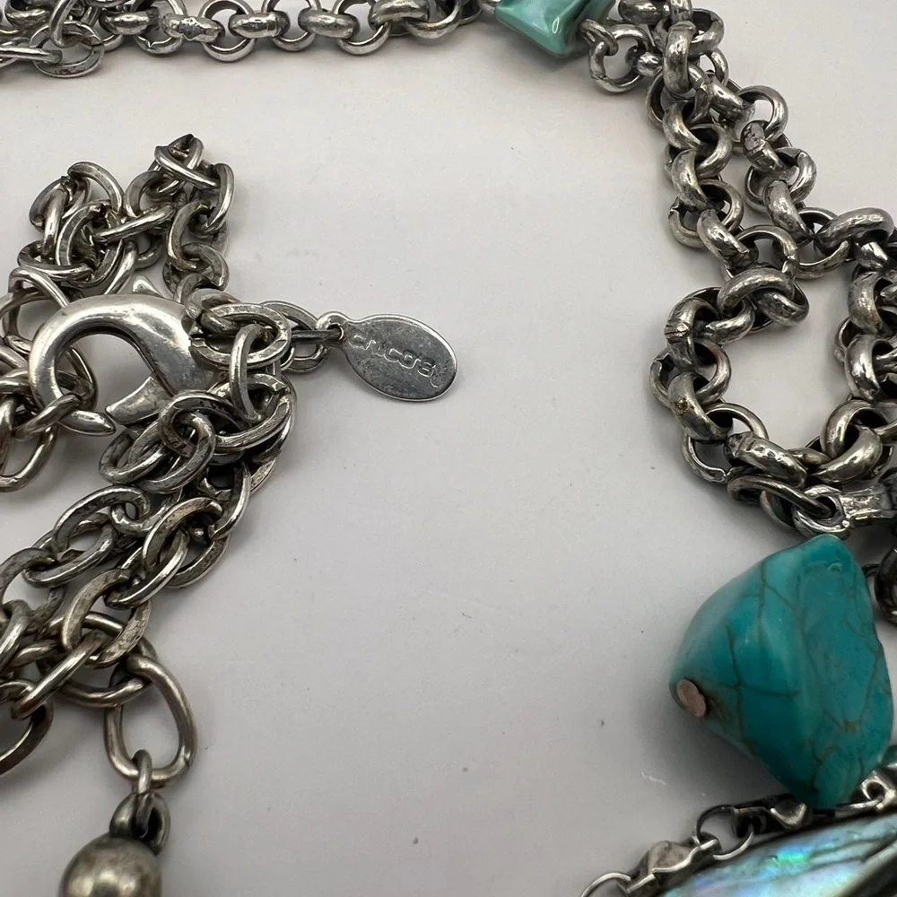 Chico's seahorse, jadeite, seashell long pendant silver tone necklace